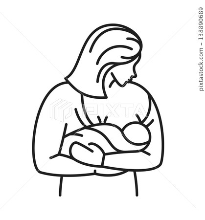 Baby breastfeeding and motherhood line icon or symbol. Mother breastfeeding baby lineart vector sign or symbol. Motherhood and child nursing outline icon or lactation pictogram with woman and infant Baby breastfeeding and motherhood line icon or symbol. Mother breastfeeding baby lineart vector sign or symbol. Motherhood and child nursing outline icon or lactation pictogram with woman and infant 138890689