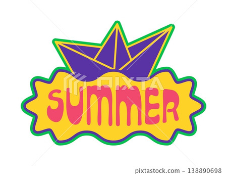 Vintage Y2K groovy summer sticker or funky label. Y2K nostalgic vector tag, retro 90s patch. Funky 2000s sticker or vintage cool label with purple paper ship and funky typography Vintage Y2K groovy summer sticker or funky label. Y2K nostalgic vector tag, retro 90s patch. Funky 2000s sticker or vintage cool label with purple paper ship and funky typography 138890698