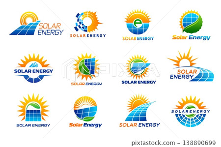 Solar energy icons of vector sun, green power panels and leaves. Eco company isolated symbols set of hot orange sun circles and solar panels with photovoltaic cells. Ecology, renewable energy supply Solar energy icons of vector sun, green power panels and leaves. Eco company isolated symbols set of hot orange sun circles and solar panels with photovoltaic cells. Ecology, renewable energy supply 138890699
