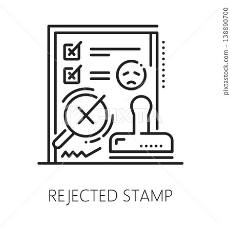 Quality check and inspection line icon or sign. Factory standards approval sign, regulatory certification vector icon. Quality inspection symbol with checklist document, stamp and emoji sad face 138890700