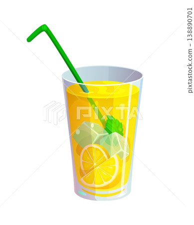 Cartoon glass of lemonade, lemon fruit juice natural drink. Sweet citrus fruit juice drink, natural lemonade vector glass. Tropical cocktail or summer beverage with lemon, ice, mint leaf and straw 138890701
