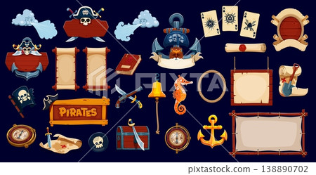 Caribbean pirates or corsairs game icons, vector piracy symbols. Cartoon treasure map, chest and ship, anchor, captain hat, black flag and skull pirate game icons, signboards and paper scroll frames Caribbean pirates or corsairs game icons, vector piracy symbols. Cartoon treasure map, chest and ship, anchor, captain hat, black flag and skull pirate game icons, signboards and paper scroll frames 138890702