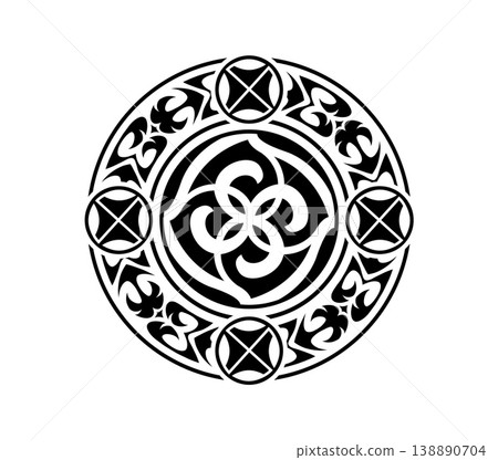 Maori sun medallion warrior black tattoo or decor. Polynesian warrior graphic tattoo, Maori tribe abstract decoration. New Zealand ethnic folk print 138890704