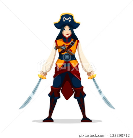 Cartoon Chinese woman pirate character with sabers and fierce gaze, sports a captain tricorn hat, brandishing gleaming sabers, ready for sea adventure. Vector Asian woman corsair queen personage Cartoon Chinese woman pirate character with sabers and fierce gaze, sports a captain tricorn hat, brandishing gleaming sabers, ready for sea adventure. Vector Asian woman corsair queen personage 138890712