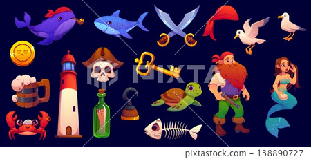 Cartoon pirate corsair characters and game icons asset. Cute skull pirate in captain hat, sailor buccaneer with gun, mermaid and sea animals characters set. Treasure map bottle, hook and swords Cartoon pirate corsair characters and game icons asset. Cute skull pirate in captain hat, sailor buccaneer with gun, mermaid and sea animals characters set. Treasure map bottle, hook and swords 138890727