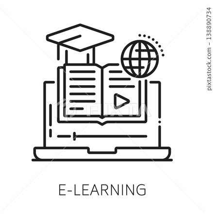 Education LMS e-learning line icon. Corporate training technology outline pictogram, education course vector symbol. LMS platform sign with laptop computer, open book, globe and graduation cap 138890734