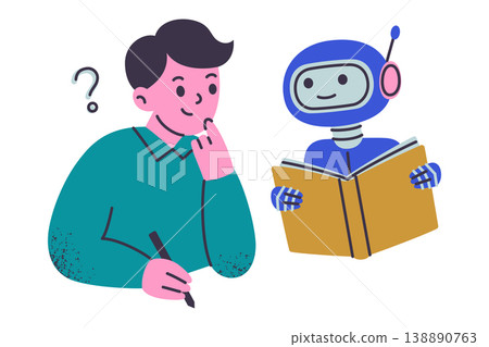 Little boy character learning with cute AI robot holding book, flat cartoon kid and artificial intelligence tutor. Future education and smart technology, children study vector illustration Little boy character learning with cute AI robot holding book, flat cartoon kid and artificial intelligence tutor. Future education and smart technology, children study vector illustration 138890763