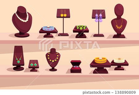 Cartoon jewelry showcase. Stands and mannequins for female accessories, rings, necklaces, earrings, bracelets with gemstones, sapid vector scene Cartoon jewelry showcase. Stands and mannequins for female accessories, rings, necklaces, earrings, bracelets with gemstones, sapid vector scene 138890809