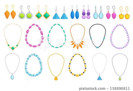Necklace and earrings. Female gemstones jewelry, decorative bijouterie with beads. Stylish luxury accessories, jewel store elements, sapid vector clipart 138890811