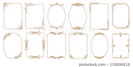 Decorative invitation frames. Stylish line frame, doodle art design elements. Banners with floral branches, spider web, royal lily, neoteric vector collection 138890818