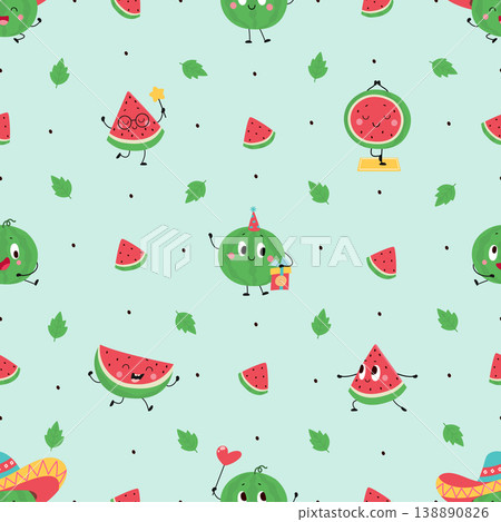 Watermelon seamless pattern. Summer juicy fruits, colorful decorative design. Bright print for wallpaper, fabric, wrapping template, nowaday vector background Watermelon seamless pattern. Summer juicy fruits, colorful decorative design. Bright print for wallpaper, fabric, wrapping template, nowaday vector background 138890826