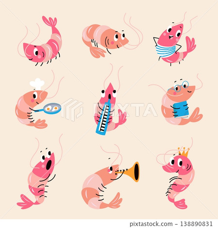 Cartoon shrimp characters. Funny seafood, shrimps play music, cooking, reading. Children mascots, nautical underwater animals, nowaday vector set 138890831
