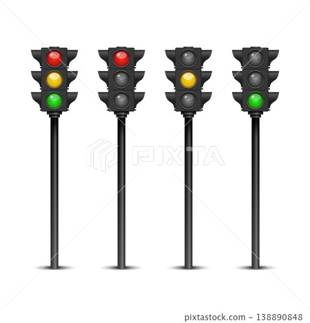 Vector 3d Traffic Light Set With Red Yellow Green Signals. Street Intersection Control Icons. Realistic 3d Stoplight on Pole. Road Safety Transportation Symbol 138890848