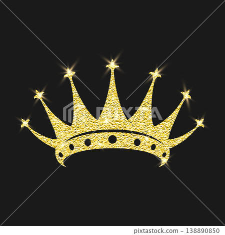 Vector Shining Gold Glitter Crown Icon. Royal Tiara. Luxury Sparkle Crown Emblem on Black. Gold Glitter Crown Icon for Queen and King. Gold Glitter Crown Clipart, Luxury Tiara Logo, Sparkling Jewel 138890850