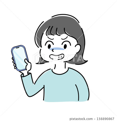 Simple illustration of a woman with a sinister smile looking at her smartphone (smartphone, fraud, unsettling, trouble, character image) 138890867