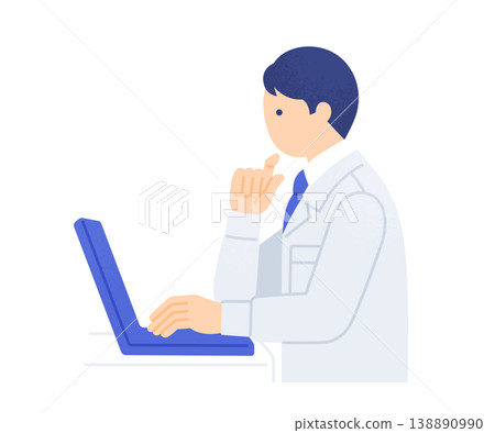 Vector illustration of a male worker's profile and upper body working on a computer at a desk. Vector illustration of a male worker's profile and upper body working on a computer at a desk. 138890990