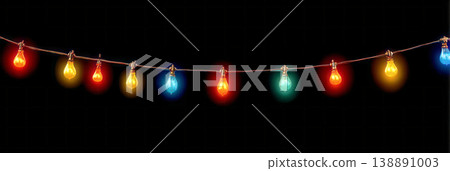 Bright colored garland lights shine vibrantly, creating a festive atmosphere for a celebration at night. The lights twinkle and glow in a warm indoor setting Bright colored garland lights shine vibrantly, creating a festive atmosphere for a celebration at night. The lights twinkle and glow in a warm indoor setting 138891003