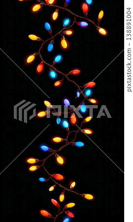 Bright colored garland lights shine vibrantly, creating a festive atmosphere for a celebration at night. The lights twinkle and glow in a warm indoor setting Bright colored garland lights shine vibrantly, creating a festive atmosphere for a celebration at night. The lights twinkle and glow in a warm indoor setting 138891004