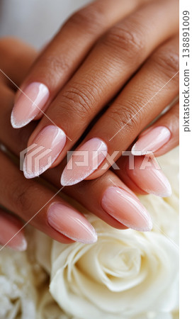 Bridal hands rest gently on soft fabric, showcasing a modern manicure. The setting suggests a wedding preparation moment full of anticipation and joy Bridal hands rest gently on soft fabric, showcasing a modern manicure. The setting suggests a wedding preparation moment full of anticipation and joy 138891009