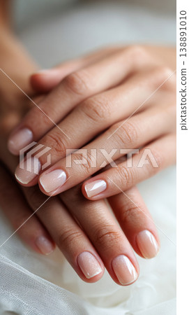 Bridal hands rest gently on soft fabric, showcasing a modern manicure. The setting suggests a wedding preparation moment full of anticipation and joy Bridal hands rest gently on soft fabric, showcasing a modern manicure. The setting suggests a wedding preparation moment full of anticipation and joy 138891010