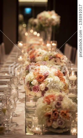 A wedding reception table is set with floral centerpieces and candles. Guests can enjoy a relaxing atmosphere while dining at this beautifully arranged table A wedding reception table is set with floral centerpieces and candles. Guests can enjoy a relaxing atmosphere while dining at this beautifully arranged table 138891017