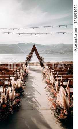 A wedding ceremony is set outdoors with a wooden arch adorned with wildflowers and pampas grass. Chairs are arranged in front of the arch. String lights hang in the background A wedding ceremony is set outdoors with a wooden arch adorned with wildflowers and pampas grass. Chairs are arranged in front of the arch. String lights hang in the background 138891021