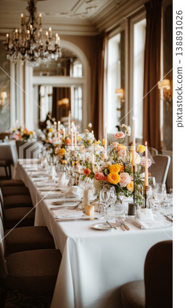 A wedding table is set up with candles and floral arrangements. The table has neutral linens and is ready for guests to enjoy dinner during an evening celebration at a venue A wedding table is set up with candles and floral arrangements. The table has neutral linens and is ready for guests to enjoy dinner during an evening celebration at a venue 138891026