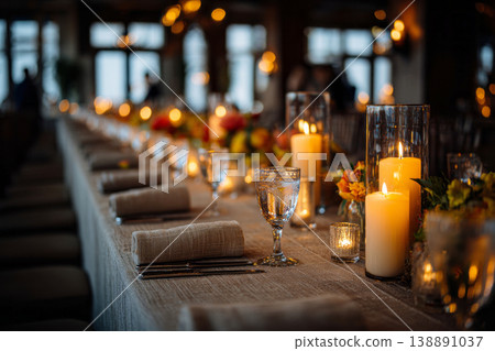 A wedding table is set up with candles and floral arrangements. The table has neutral linens and is ready for guests to enjoy dinner during an evening celebration at a venue A wedding table is set up with candles and floral arrangements. The table has neutral linens and is ready for guests to enjoy dinner during an evening celebration at a venue 138891037