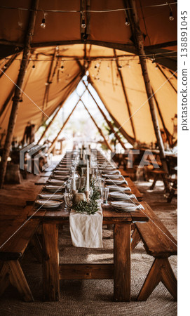 Tables are arranged with settings and centerpieces inside a large wedding tent. The tent is located in an outdoor setting surrounded by nature. The afternoon sun shines through Tables are arranged with settings and centerpieces inside a large wedding tent. The tent is located in an outdoor setting surrounded by nature. The afternoon sun shines through 138891045