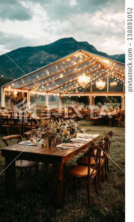 Guests are seated at wooden tables inside a wedding tent. Strings of lights hang from the top. The view shows water and city lights in the background during the evening 138891052