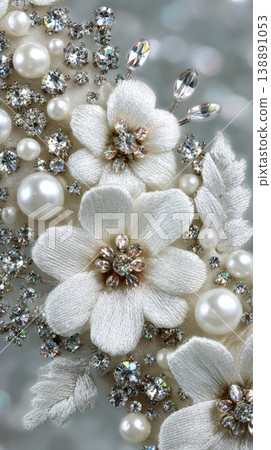 This close-up shows lace embroidery with floral patterns on a white wedding dress. Pearls and beads sit alongside intricate stitching, highlighting the fine craftsmanship This close-up shows lace embroidery with floral patterns on a white wedding dress. Pearls and beads sit alongside intricate stitching, highlighting the fine craftsmanship 138891053