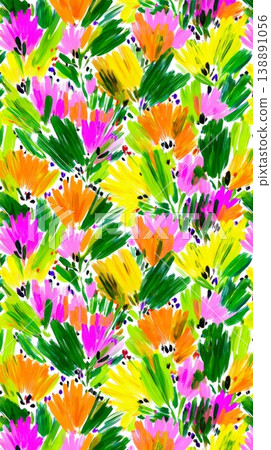 Bright flowers in yellow, pink, and orange fill the space, showcasing a vibrant acrylic pattern. This artwork highlights the beauty and liveliness of summer blooms as they bring joy Bright flowers in yellow, pink, and orange fill the space, showcasing a vibrant acrylic pattern. This artwork highlights the beauty and liveliness of summer blooms as they bring joy 138891056