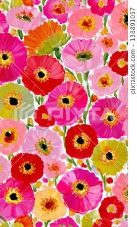 A colorful pattern displays blooming flowers in bright shades of pink, yellow, and orange with green leaves, capturing the essence of summer in a lively arrangement surrounded by nature A colorful pattern displays blooming flowers in bright shades of pink, yellow, and orange with green leaves, capturing the essence of summer in a lively arrangement surrounded by nature 138891057