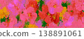 A colorful pattern displays blooming flowers in bright shades of pink, yellow, and orange with green leaves, capturing the essence of summer in a lively arrangement surrounded by nature 138891061