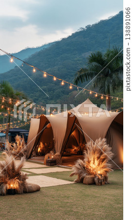 A wedding tent is set up in a grassy space with trees around. Inside, there are cushions and lights creating a cozy atmosphere for guests to relax and enjoy 138891066