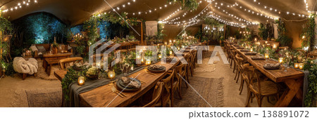 An outdoor wedding tent showcases macrame details and soft floral arrangements. Tables are set for guests with candles, bringing a warm glow as evening approaches at the venue An outdoor wedding tent showcases macrame details and soft floral arrangements. Tables are set for guests with candles, bringing a warm glow as evening approaches at the venue 138891072