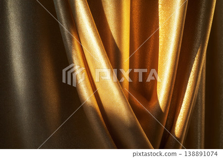 Shiny yellow curtains with soft folds create rich texture and visual interest. They hang in a well-lit space, reflecting light beautifully throughout the area Shiny yellow curtains with soft folds create rich texture and visual interest. They hang in a well-lit space, reflecting light beautifully throughout the area 138891074