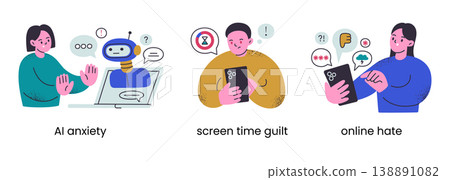 Modern digital problems scene set with textured flat cartoon characters using phone and laptop. AI anxiety, screen time guilt, online hate, social media stress, technology overload vector illustration Modern digital problems scene set with textured flat cartoon characters using phone and laptop. AI anxiety, screen time guilt, online hate, social media stress, technology overload vector illustration 138891082