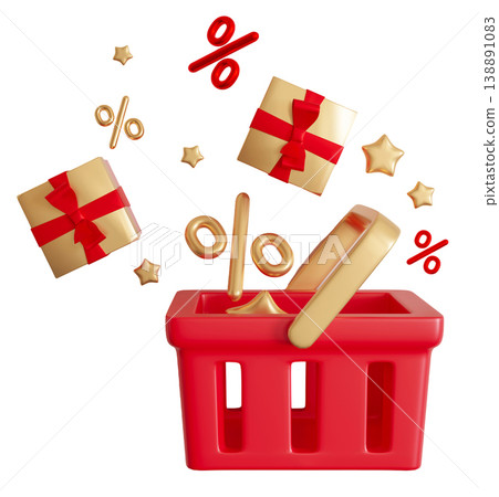 A red shopping basket is filled with golden gift boxes wrapped in red ribbons. Discount signs and festive stars are floating around, emphasizing a Christmas sale theme A red shopping basket is filled with golden gift boxes wrapped in red ribbons. Discount signs and festive stars are floating around, emphasizing a Christmas sale theme 138891083