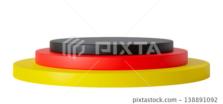 Three circles stacked on top of each other, each with a different color and size. The bottom circle is yellow, the middle is red, and the top one is black Three circles stacked on top of each other, each with a different color and size. The bottom circle is yellow, the middle is red, and the top one is black 138891092