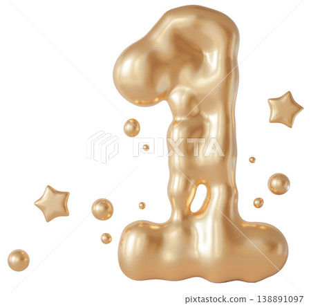 A number 1 is shown in a liquid form. The number appears shiny with bubbles and stars around it. It is isolated on a clear background, providing a simple view of the design A number 1 is shown in a liquid form. The number appears shiny with bubbles and stars around it. It is isolated on a clear background, providing a simple view of the design 138891097