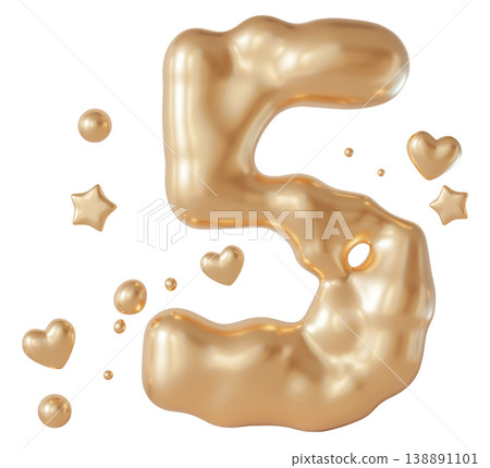 A three-dimensional liquid number five stands out on a clear background. Bubbles, stars, and hearts surround the number, adding visual interest to the design 138891101