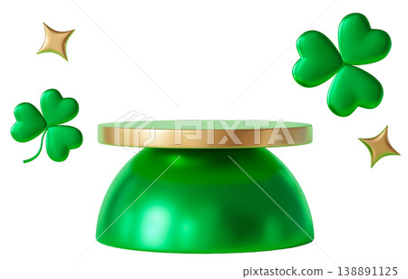 A green pedestal with a gold rim surrounded by shamrocks and stars. It highlights St Patricks Day themes for parties and events celebrated in March 138891125