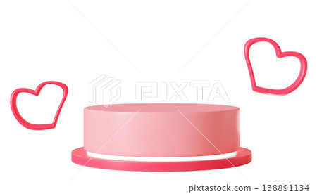 A round pedestal in pink color sits on a clear background. Two heart shapes float near the pedestal, creating a festive scene for Valentines Day product display 138891134