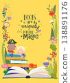 Cute Cartoon Children sitting on Stack of Books in Floral Frame 138891176