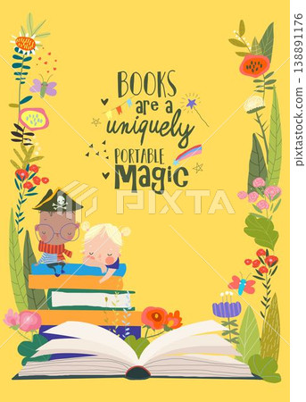 Cute Cartoon Children sitting on Stack of Books in Floral Frame 138891176