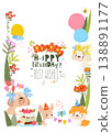 Floral Frame with Cute Funny Dogs celebrating Birthday 138891177