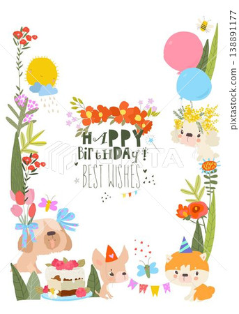 Floral Frame with Cute Funny Dogs celebrating Birthday Floral Frame with Cute Funny Dogs celebrating Birthday 138891177
