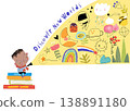 Little Boy sitting on Stack of Book and shining a Flashlight 138891180