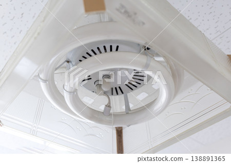 Japanese-style ceiling light fixture with a circular fluorescent lamp. 138891365